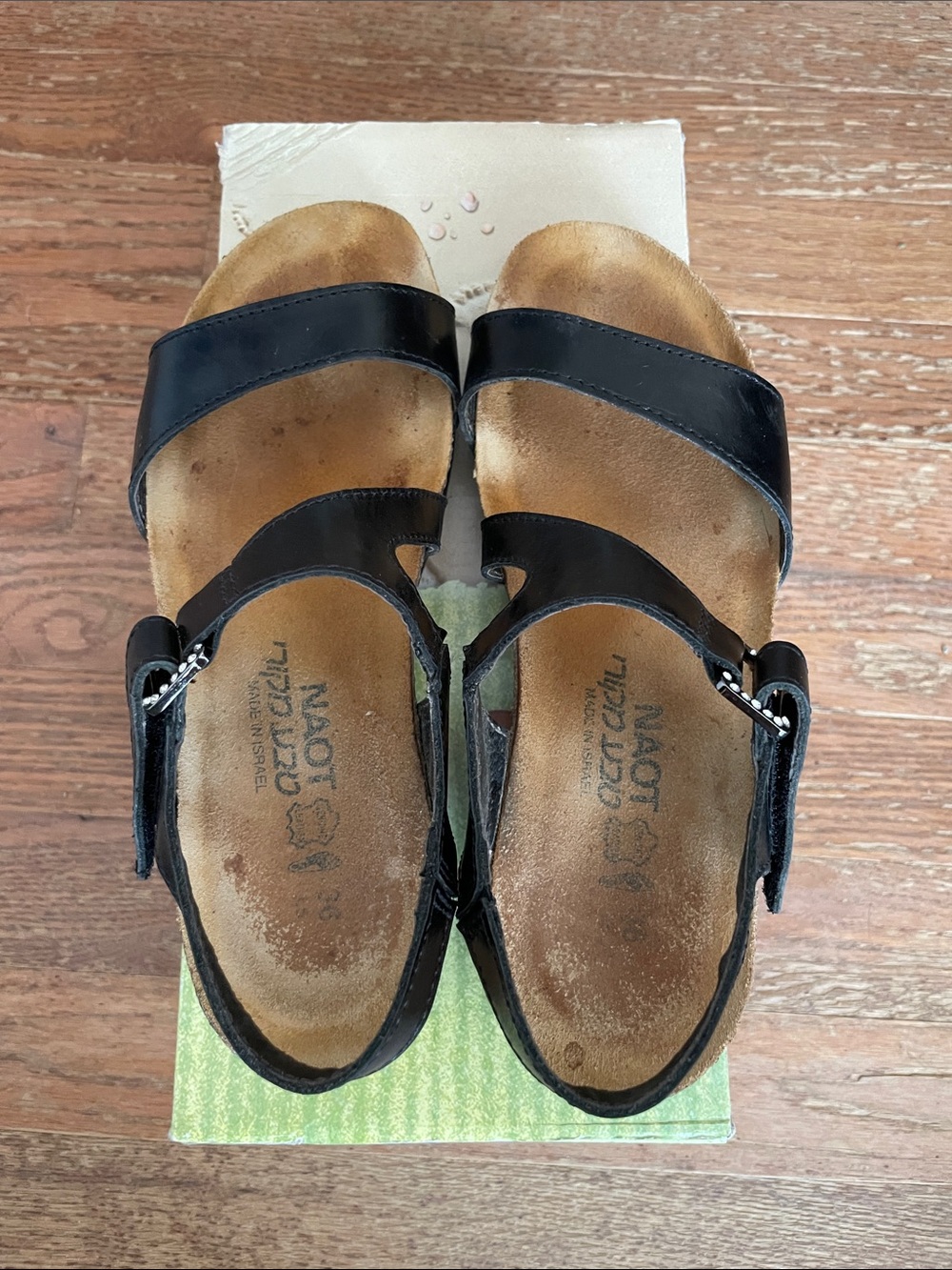 Naot Women Black Leather Two-Strap Slide Sandals